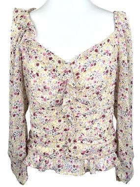 ASTR The Label Floral Ruched Top Medium Puff Sleeve Sweetheart Blouse Shirt